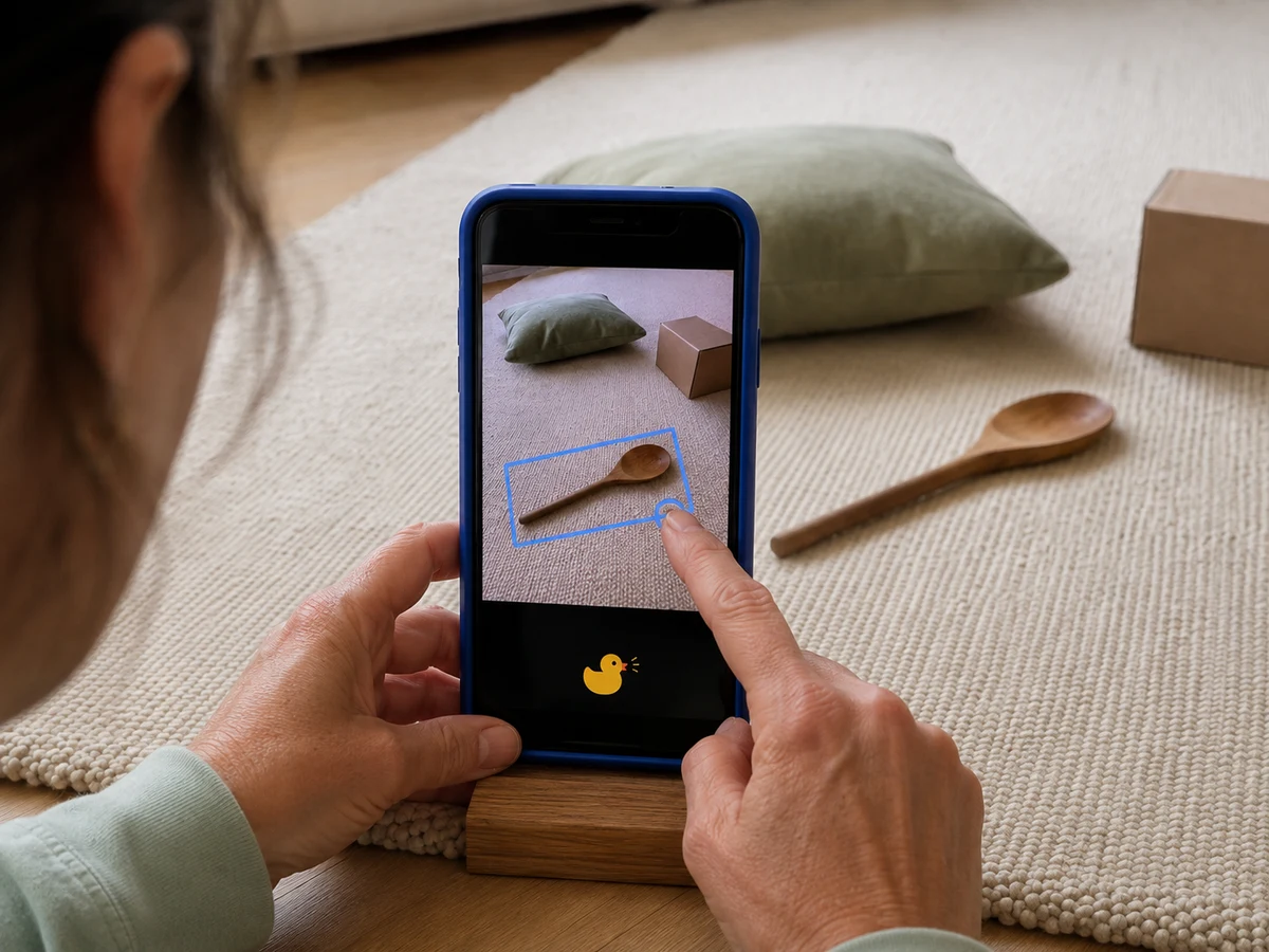 Phone close-up: a finger marks a rectangular area around a spoon.